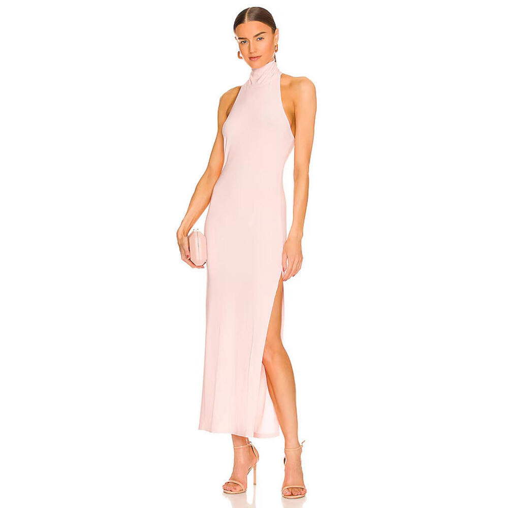 Norma Kamali Halter Turtleneck Side Slit Gown Maxi Dress Sz L  Pink Stretch NWT